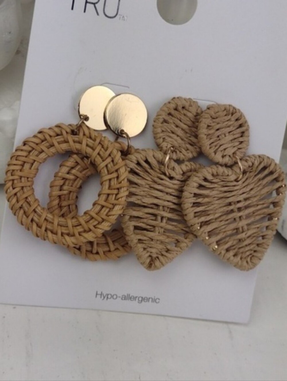 Delightful & Yes, Stylish Natural Rattan Heart & Hoop Drop Earrings Set Of 2 NWT